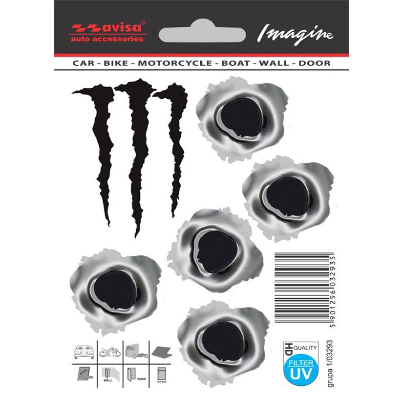 Avisa, Bullet Hole Sticker & Monster Decal - Sort/Metal - 3,5x3,5 cm & 4,5x6,5 cm