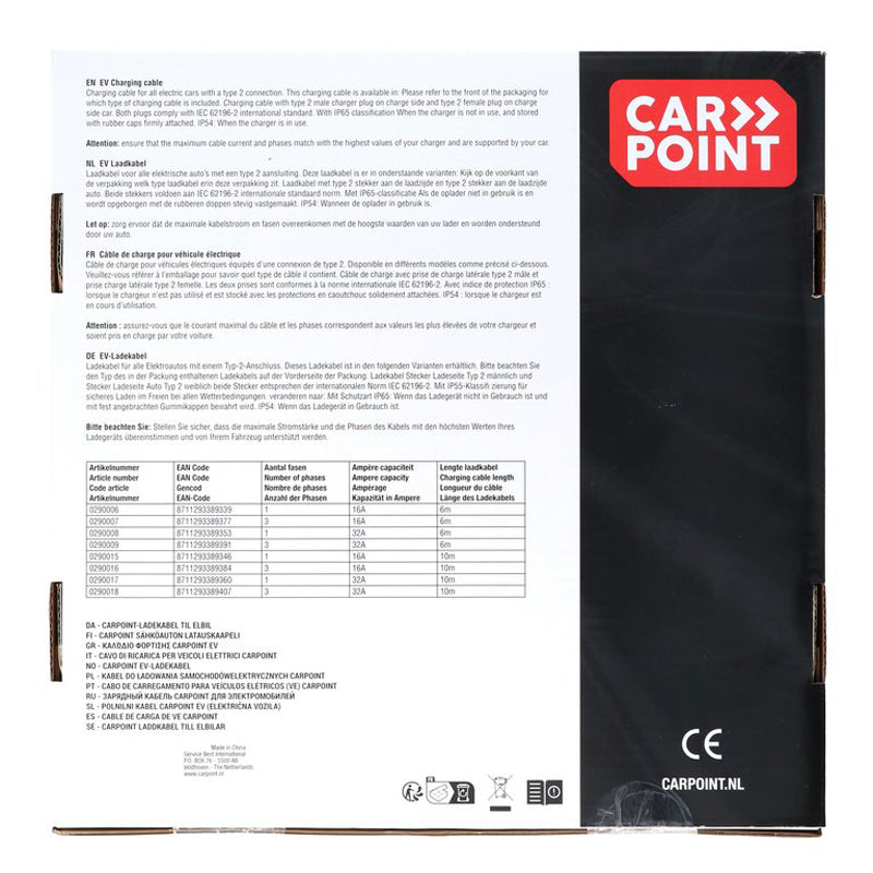 Carpoint, Elektrisk køretøjs-ladekabel, Type2>2 16A 1-fase 10-meter