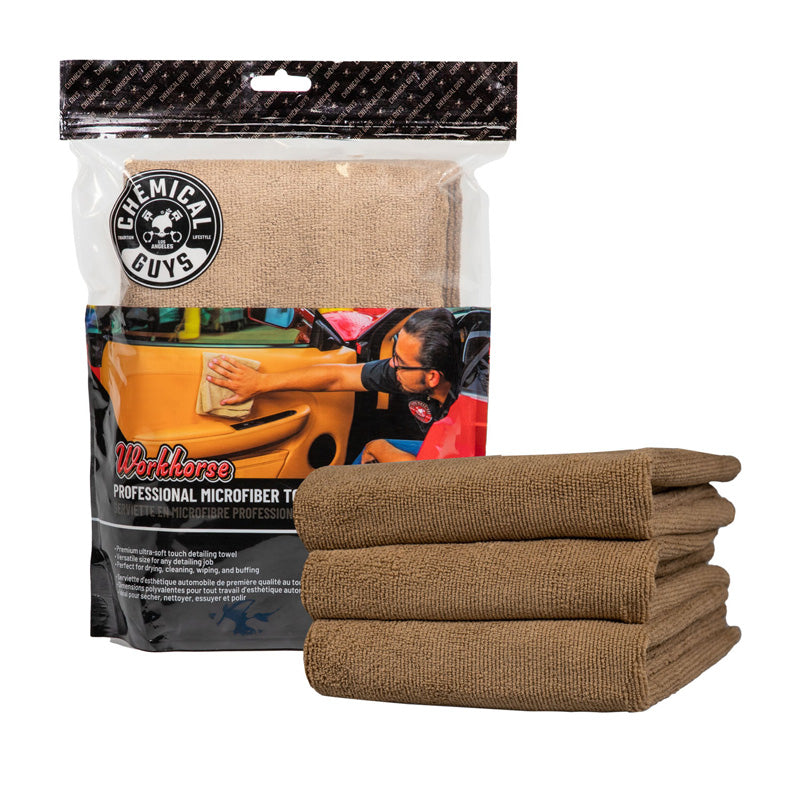 Chemical Guys Workhorse Professional Grade Microfiber Towel - Tan 16x16'' (3 Pack)