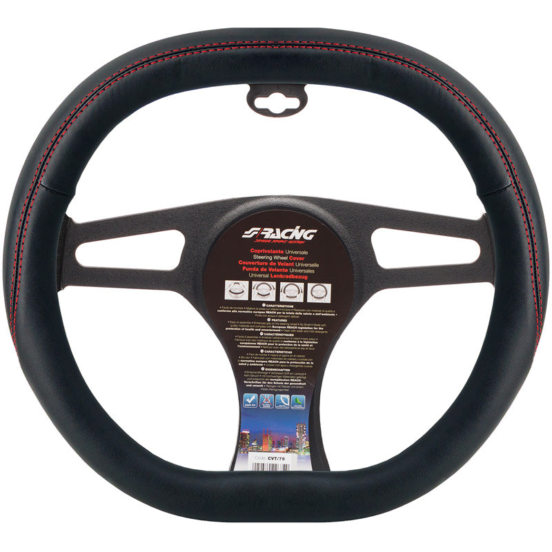 Simoni Racing Steering Wheel Cover F&F - Black Ecoleather + Red Stitching - 37-39cm - Square Shape